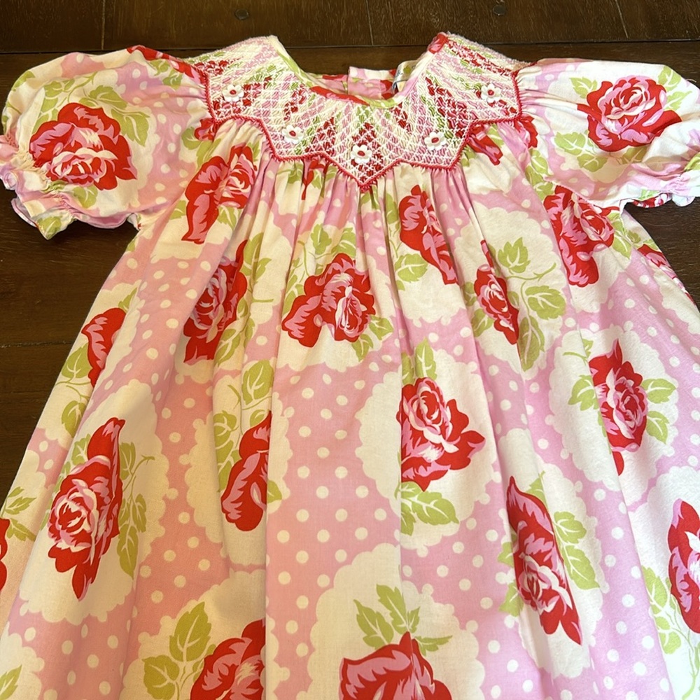 Petit Pomme Smocked Pink/Red/Green/ White Flowers Cotton Dress